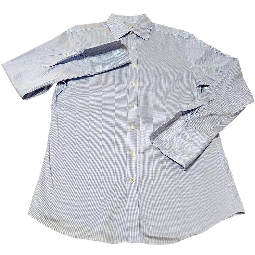 Charles Tyrwhitt Shirt Mens 16 34/35 Blue Gingham Non Iron Slim Fit Long Sleeve